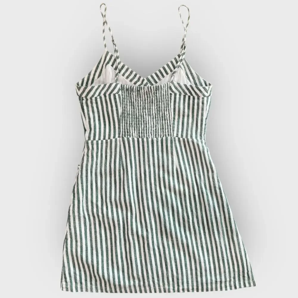 Lulus On The Pier Linen Blend Mini Dress Medium Green White Button Down Summer